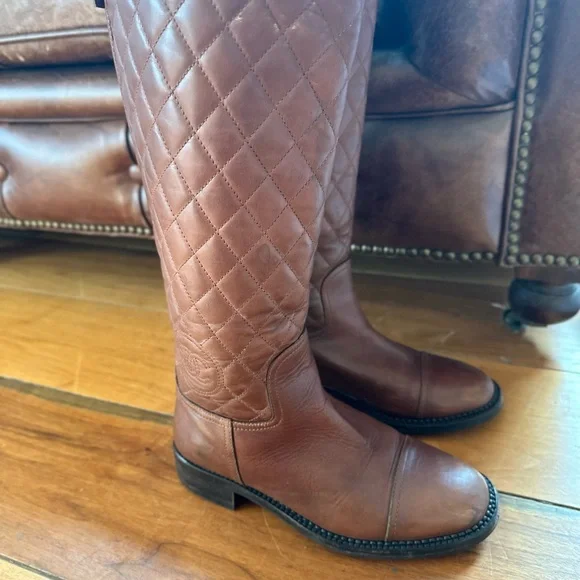 Chanel Women's CC Cap Toe Boots Quilted Leather Brown size :38 running small